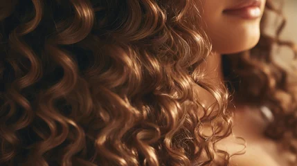 Fotobehang Close up of a woman with long curly hair, perfect for beauty and fashion concepts © Fotograf