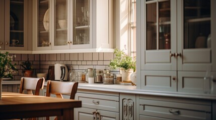 Interior of a kitchen with a table and chairs. Suitable for home decor websites