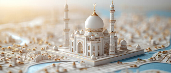 Detailed mosque model standing on a map with topographical features
