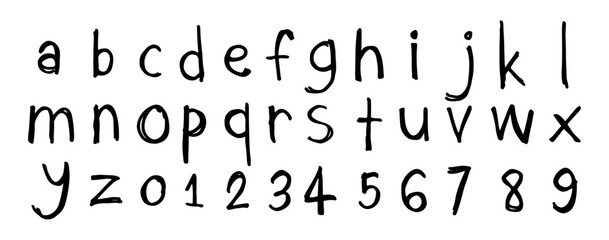 English alphabet A to Z, 0 to 9 4 cute on a white background, vector illustration.
