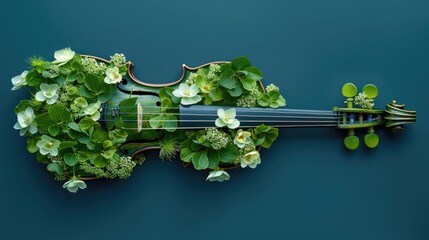 A violin covered in green leaves and white flowers on a dark background.