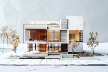maison d'architecte en maquette sur des plans, fond blanc, illustration ia générative - obrazy, fototapety, plakaty