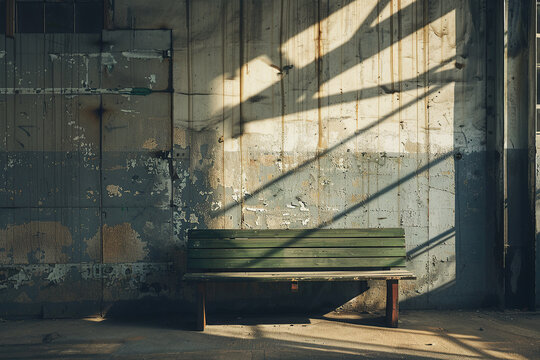 horizontal image of an old wooden bench in front of an empty textured ruined wall illuminated by sunlight, copy space Generative AI