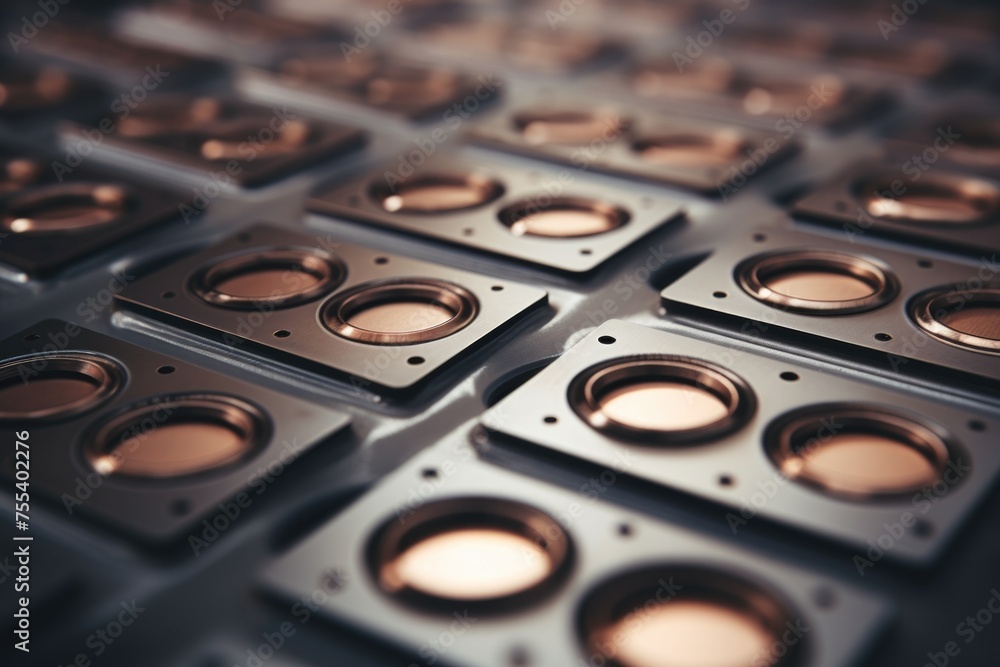 Aufkleber Close up view of multiple speakers on a table. Suitable for technology and music concepts