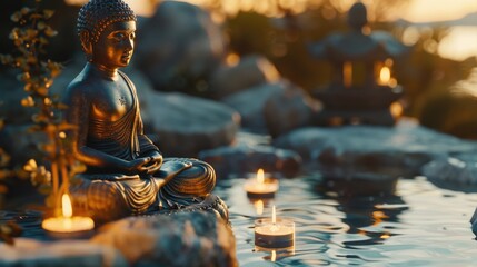 A statue of a person sitting on a rock by the water. Suitable for travel or relaxation concepts