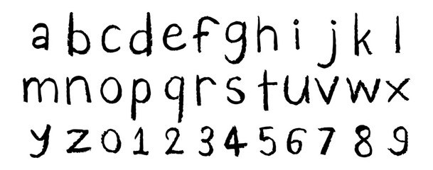 English alphabet A to Z, 0 to 9 12 cute on a white background, vector illustration.
