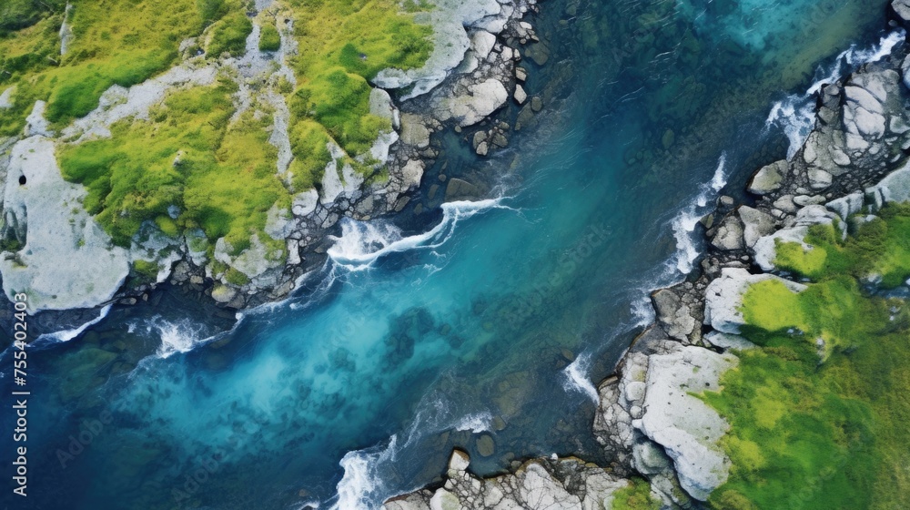 Poster scenic view of a river running through lush green hillside. suitable for nature and landscape concep