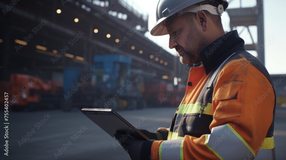 Poster a man in a hard hat using a tablet, suitable for construction industry concepts