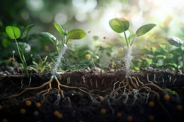 Young Plant Sprouts Growing from Rich Soil Under Sunlight, Symbolizing New Life and Growth