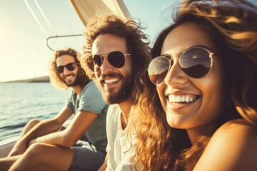 A group of people sitting on a boat, smiling. Perfect for travel and leisure concepts - obrazy, fototapety, plakaty