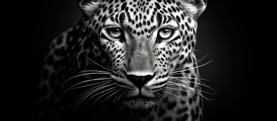 A close-up shot of a powerful and elegant leopard, showcasing its beautiful coat with distinct spots. The leopards intense gaze and sleek fur are captured in striking black and white.