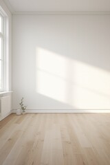 A simple image of an empty room with wooden floor and white walls. Suitable for interior design concepts