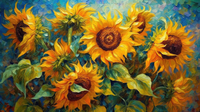large oil sunflowers in van gogh style background art wallpaper, print, poster, wall painting, interior - generative AI
