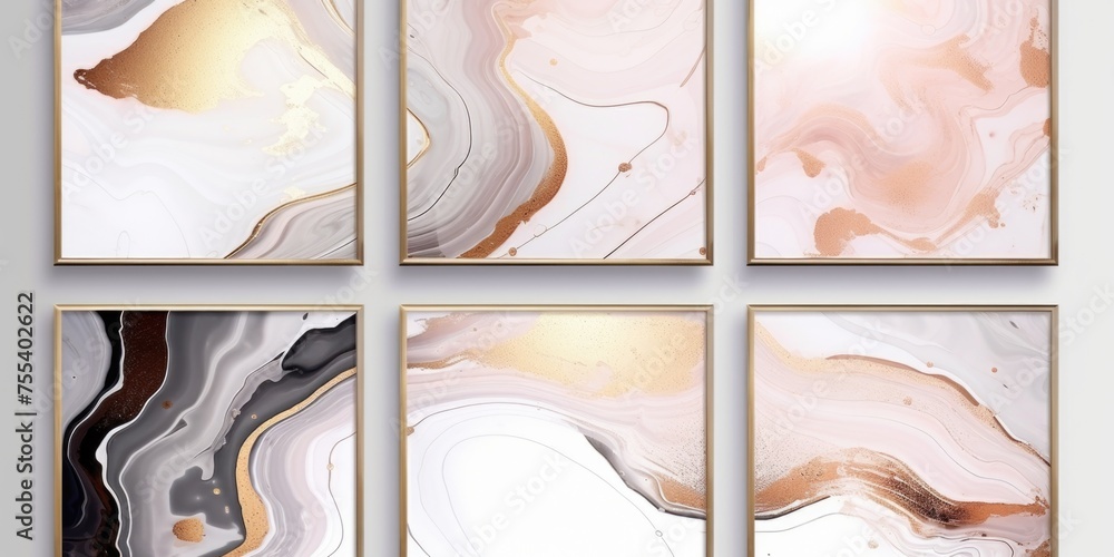Poster Set of six abstract paintings with elegant gold accents. Perfect for adding a touch of sophistication to any space