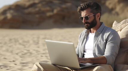 A man sitting on a beach with a laptop. Suitable for travel or remote work concepts