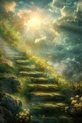 Magical stone path with sunbeams and floating sparkles in a fairytale setting.