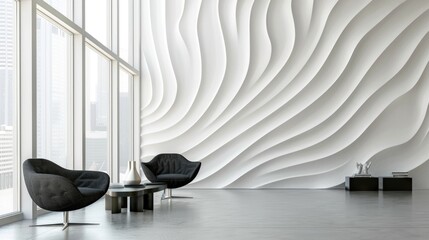Chic modern interior with sculptural wavy wall and designer furniture.