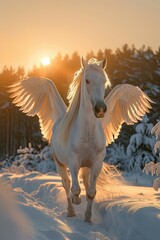 Majestic white winged horse in a snowy landscape at sunrise.