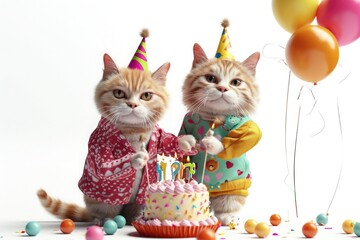 Funny cats with petard and birthday cake. They are wearing festive clothes, isolated on white background. 