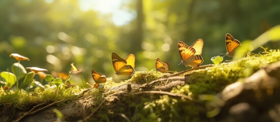 A group of butterflies are flying around on a mossy - obrazy, fototapety, plakaty