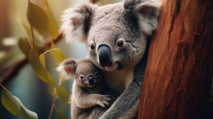 A cute koala holding its baby in a tree. Suitable for nature and wildlife themes