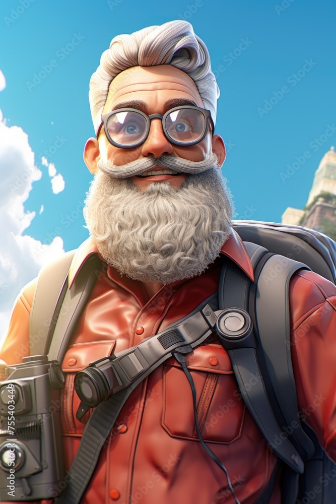 Poster a man with a beard and glasses holding a camera. suitable for photography or technology concepts
