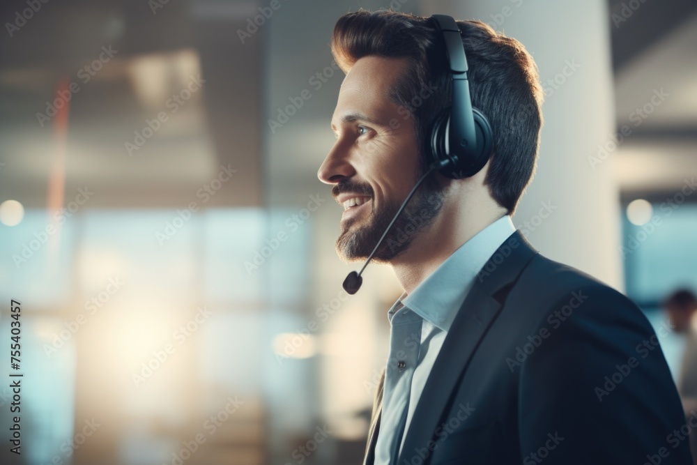 Poster a man in a suit wearing a headset. suitable for business and communication concepts