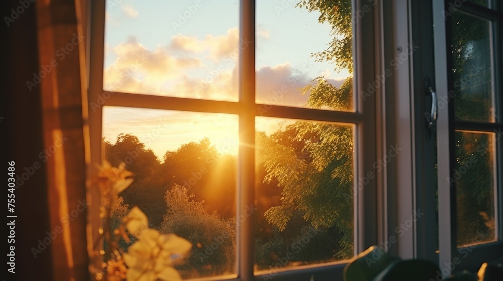Poster sun setting through a window in a house, suitable for real estate or interior design concepts