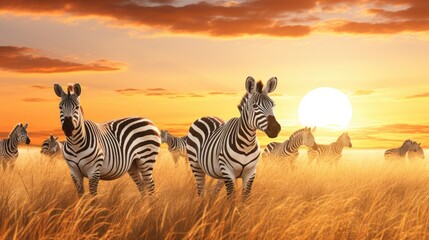 Fototapeta premium A herd of zebra standing on a grass covered field. Ideal for nature and wildlife themes