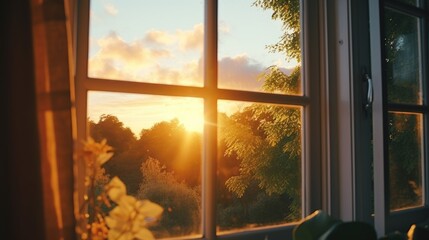 Sun setting through a window in a house, suitable for real estate or interior design concepts