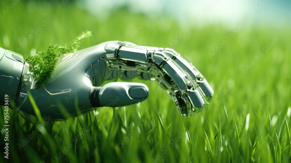 Poster a robot hand emerging from a grassy field, suitable for technology concepts