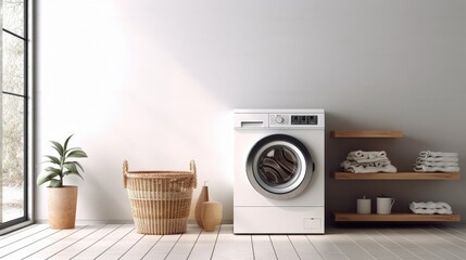 Laundry room interior with modern washing machine and basket with towels - obrazy, fototapety, plakaty