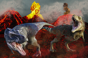火山の爆発で二匹のティラノサウルスが驚き逃げる