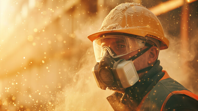 Professional construction worker wearing a high-grade dust mask, surrounded by lot of floating particles of glass wool dust in a construction site. 
