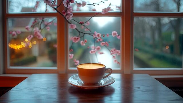 Coffee on the table with scenery view at spring outside window. seamless looping 4k time-lapse video background 