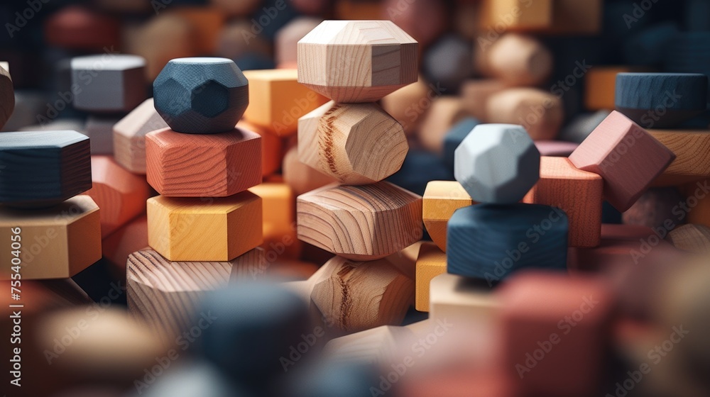 Poster A pile of wooden blocks stacked on top of each other. Ideal for educational and construction concepts