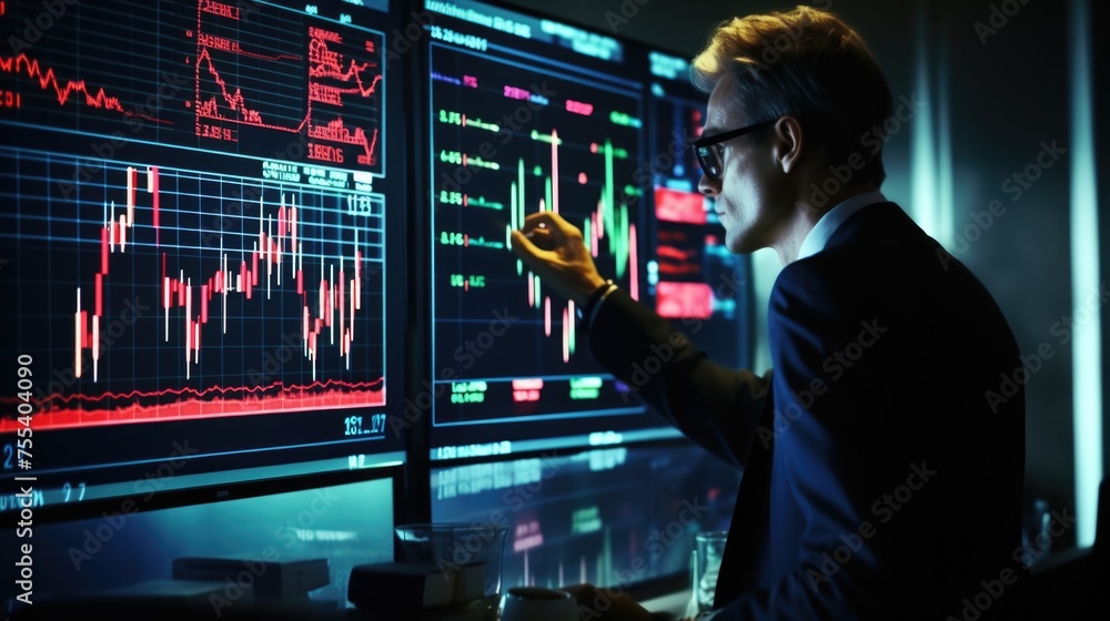Poster A man in a dark room looking at a computer screen. Suitable for technology concepts