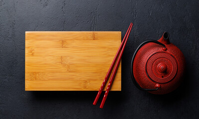 Japanese Table Setting with Wooden Board, Teapot, Chopsticks - 755404041