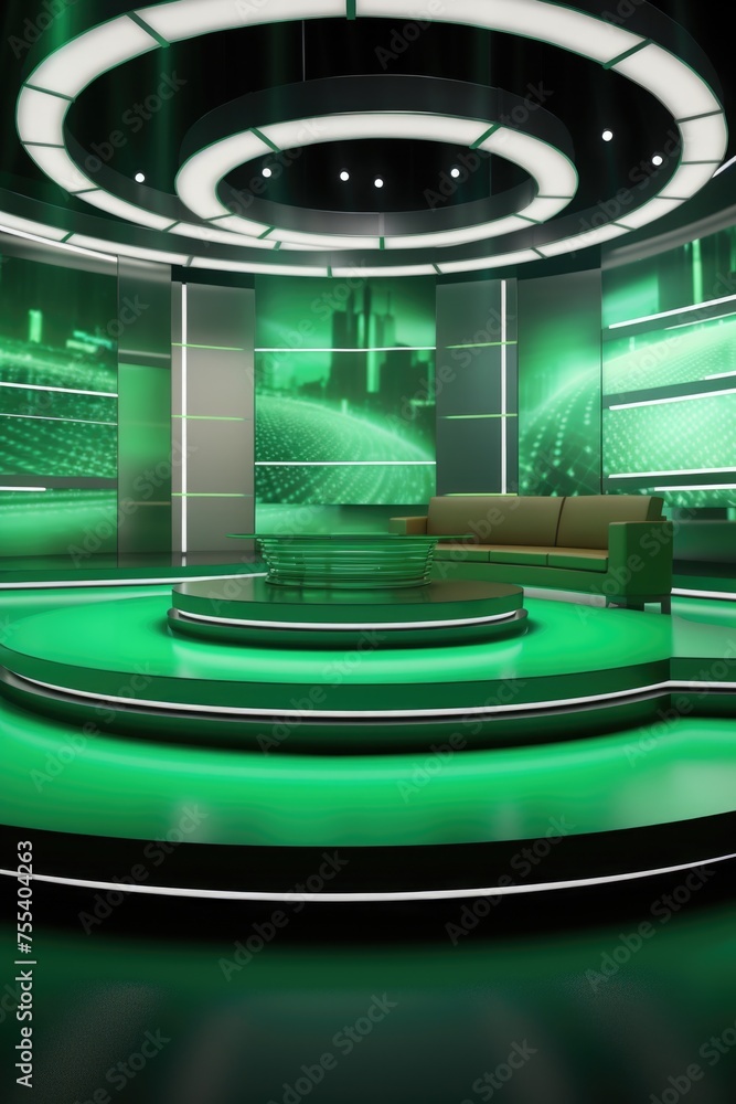 Poster a modern tv studio with green lighting. suitable for broadcasting or entertainment concepts
