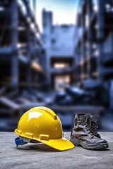 A yellow hard hat next to a pair of shoes. Suitable for construction industry projects