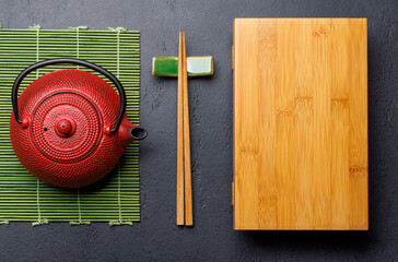 Japanese Table Setting with Wooden Board, Teapot, Chopsticks - 755404224