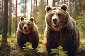 Fototapeta premium Two brown bears walking through a forest. Suitable for wildlife and nature themes