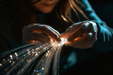 Girls in ICT, the concept of equality in the field of communications. The girl works in a server room with a fiber optic cable