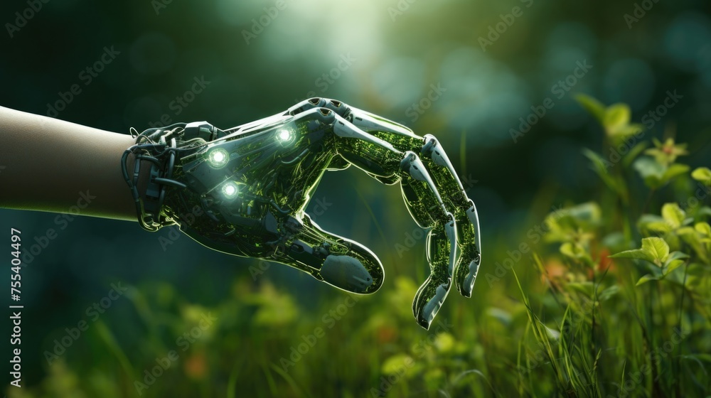 Poster a person's hand with a robotic arm prosthesis. suitable for medical and technology concepts