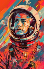 Colorful Pop Art Space Explorer Portrait with Cosmic Backdrop and Abstract Elements