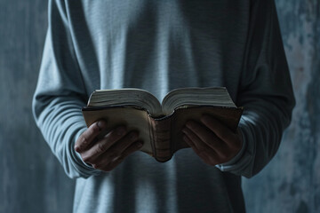 Closeup image of standing man holding an open book in his hands. Reading, study, bookworm and knowledge concept.