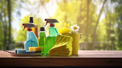 Various cleaning products displayed on a table. Ideal for household cleaning concept
