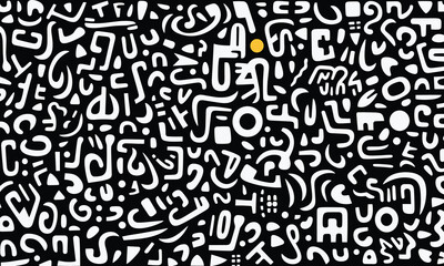 Abstract Pattern of White Vector Letters and Shapes on a Black Background, Seamlessly Repeating Pattern