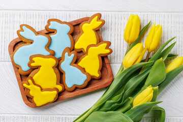 Easter Bunny-Shaped Gingerbread Cookies, Yellow Tulips - 755404650