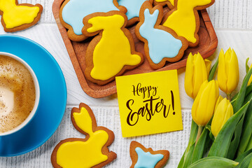 Easter Bunny-Shaped Gingerbread Cookies, Yellow Tulips, and Greeting card - 755404695